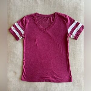 Women's V-Neck Maroon Pink Short Sleeve Top with White Stripes on Sleeves